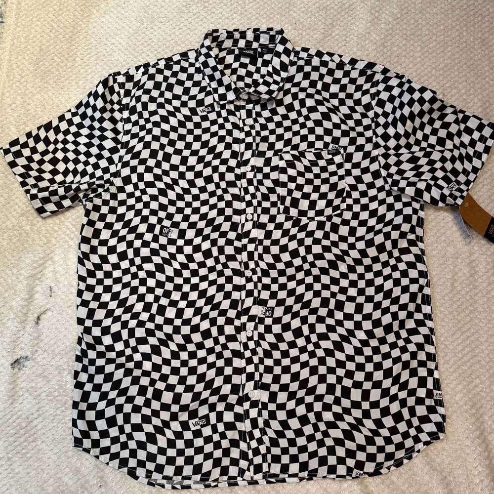 Vans Off The Wall Men's Sz XXL Black & White Wavy Checkered Shirt Button Up NWT